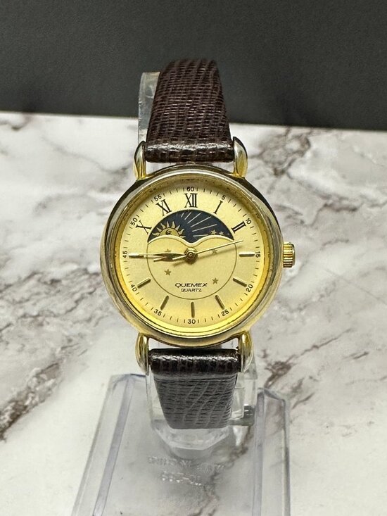 Quemex Moon Phase Womens Watch 19mm Gold Tone  Brown Band New Battery 8.5\